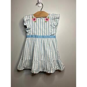 Janie and Jack‎ Flutter Cap Sleeve Blue White Striped Floral Embroidery Dress